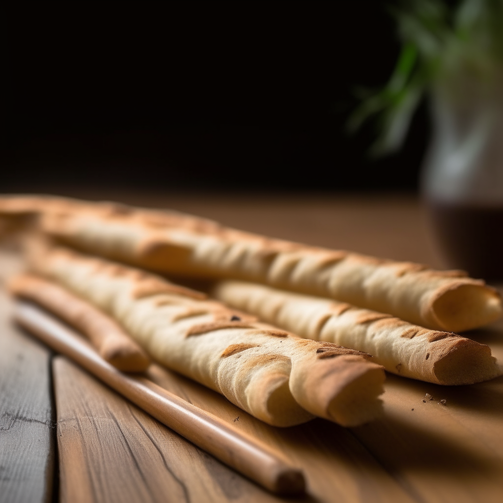 Garlic and thyme gluten free breadsticks with window lighting from the side, razor sharp focus, on a wood surface