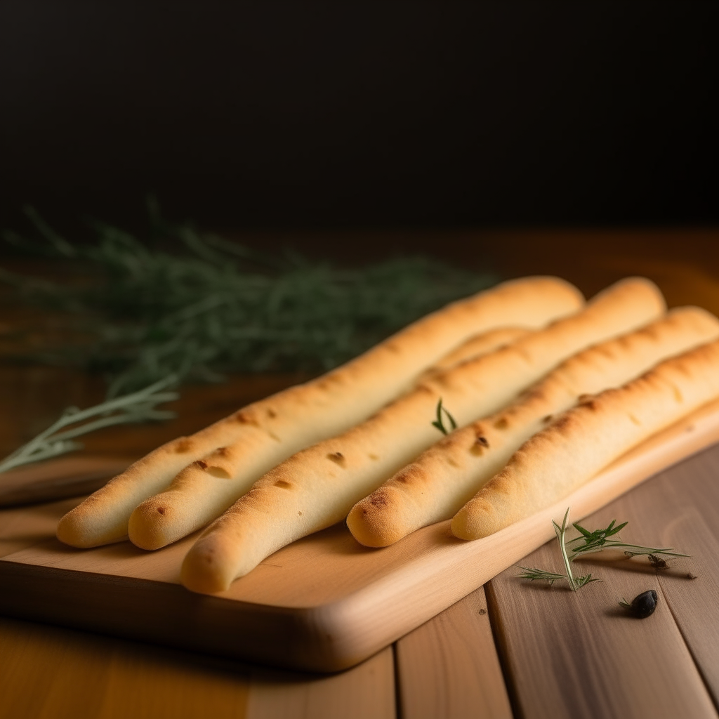 Garlic and thyme gluten free breadsticks on a cutting board, bright studio lighting from an angle, tack sharp focus