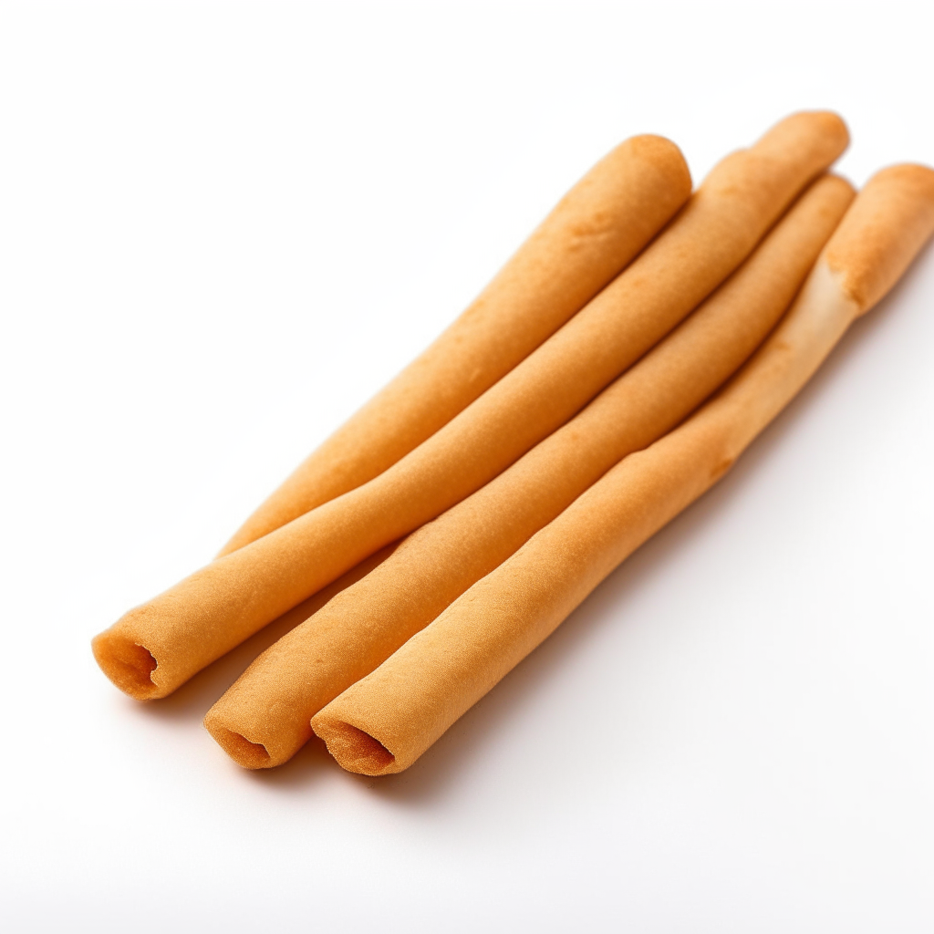 Garlic and paprika gluten free breadsticks on a white background, extremely sharp focus, overhead studio lighting