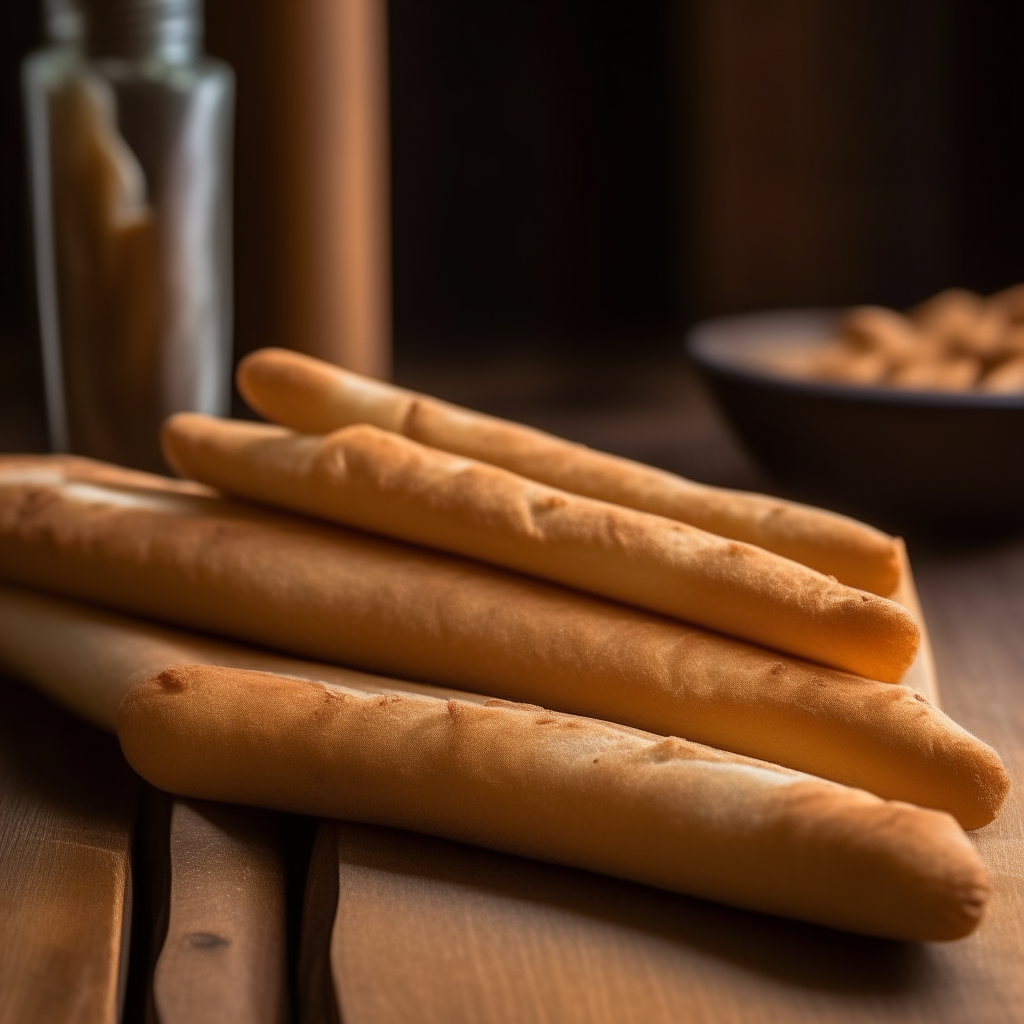 Garlic and paprika gluten free breadsticks with window lighting from the side, razor sharp focus, on a wood surface