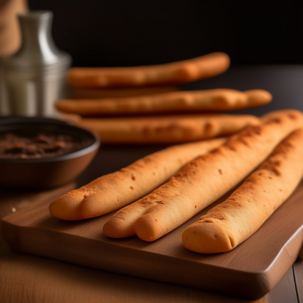 Garlic and paprika gluten free breadsticks on a cutting board, bright studio lighting from an angle, tack sharp focus