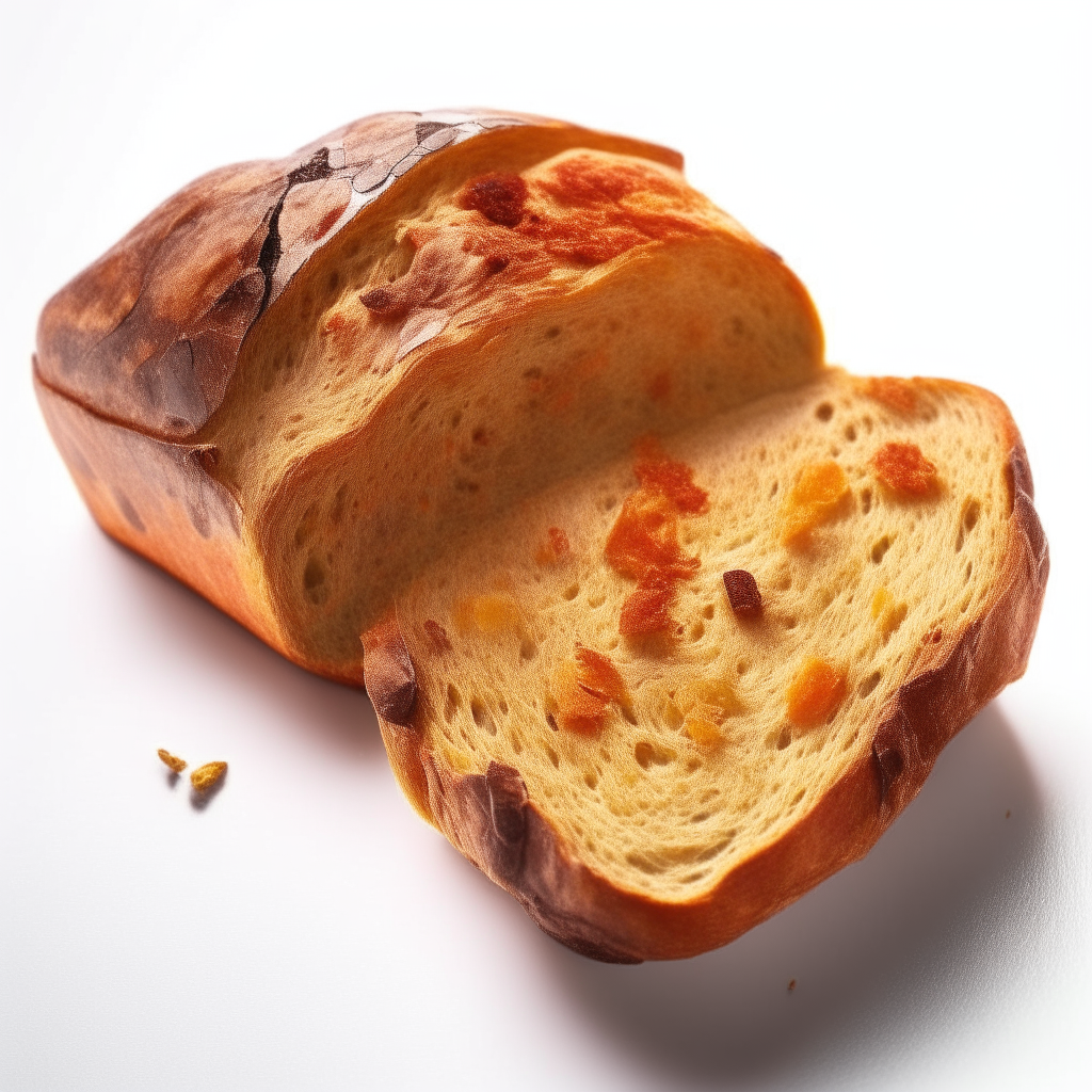 Sun dried tomato and dijon gluten free bread on a white background, extremely sharp focus, overhead studio lighting