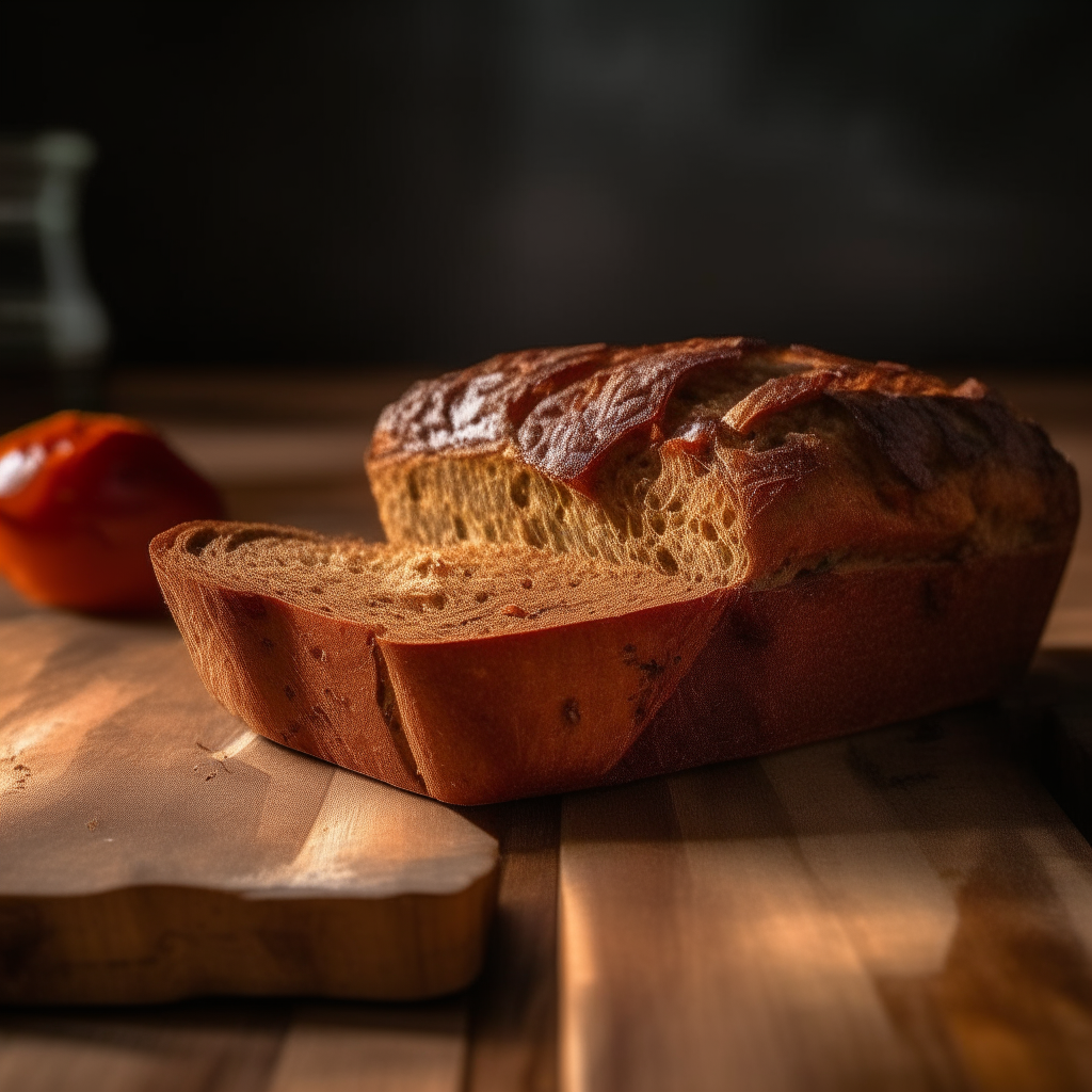 Sun dried tomato and dijon gluten free bread with window lighting from the side, razor sharp focus, on a wood surface