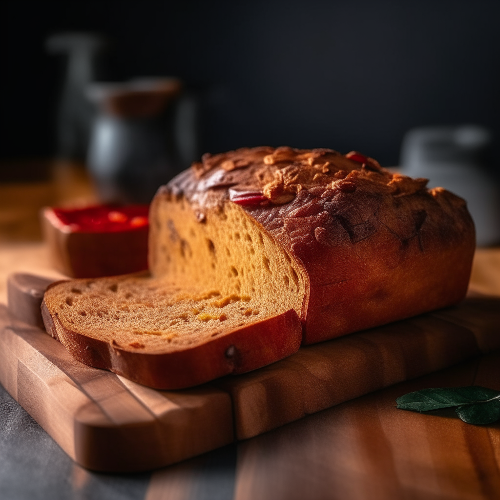 Sun dried tomato and dijon gluten free bread on a cutting board, bright studio lighting from an angle, tack sharp focus