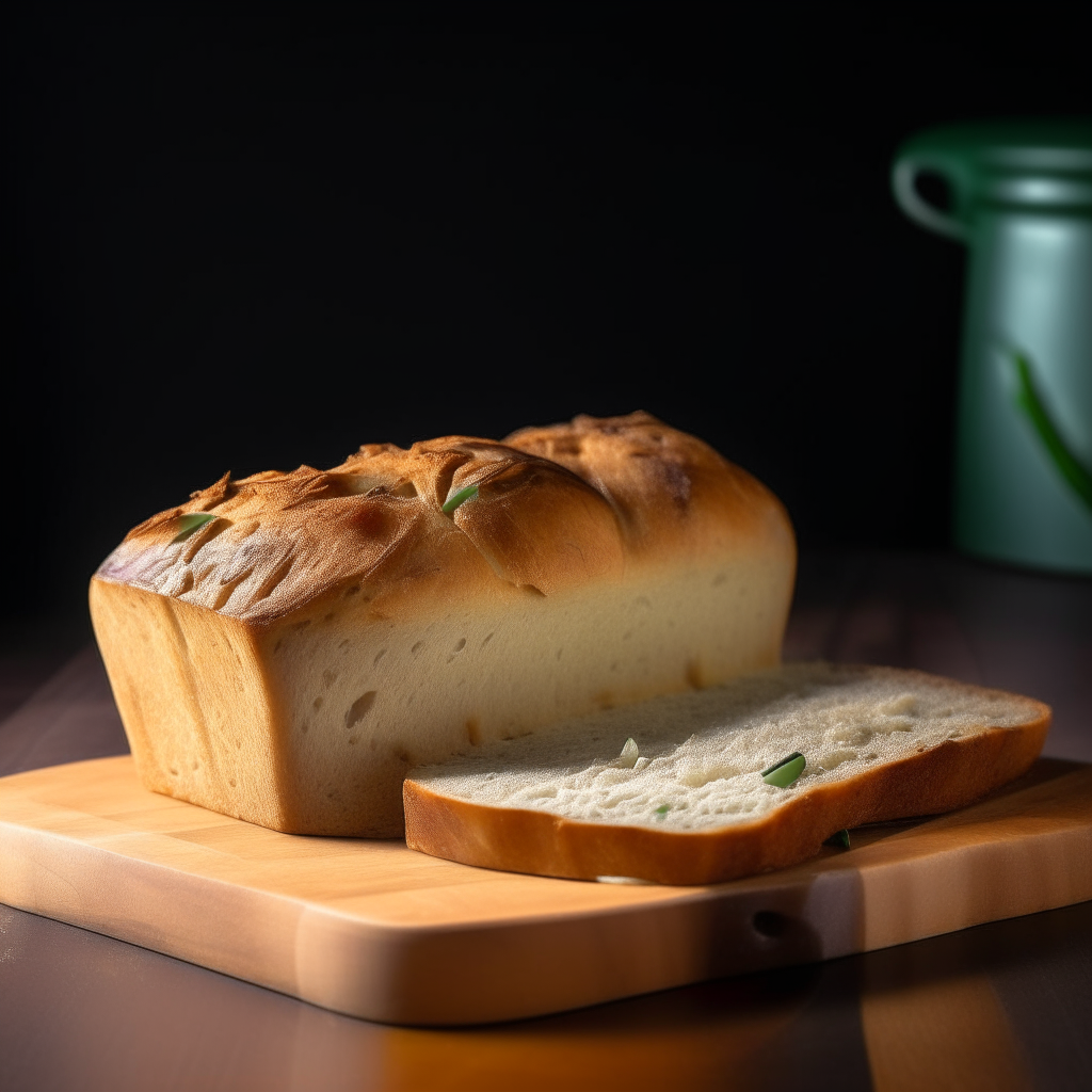 Sage and onion gluten free loaf on a cutting board, bright studio lighting from an angle, tack sharp focus