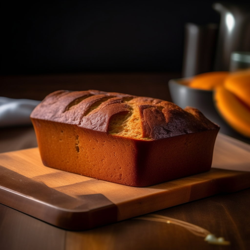 Pumpkin pie spice bread on a cutting board, bright studio lighting from an angle, tack sharp focus