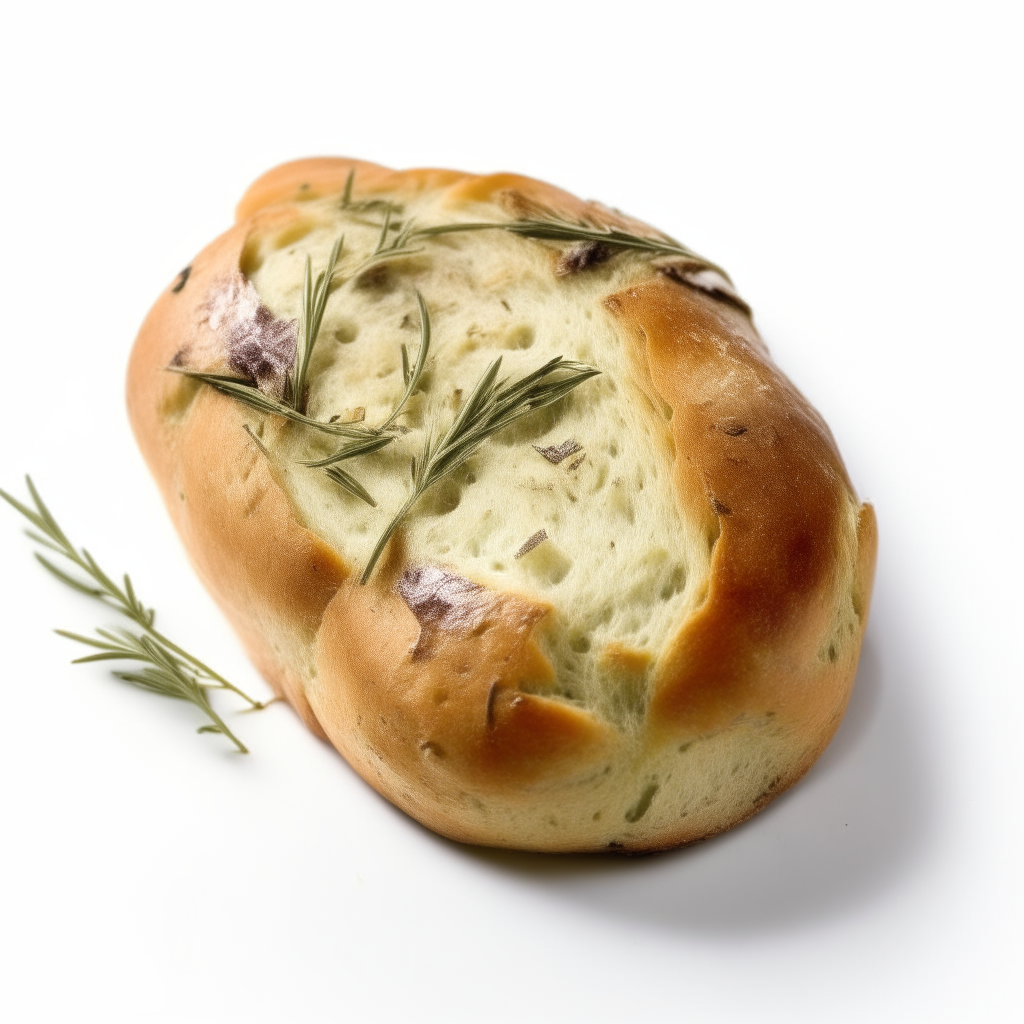 Rosemary sage thyme bread on a white background, extremely sharp focus, overhead studio lighting