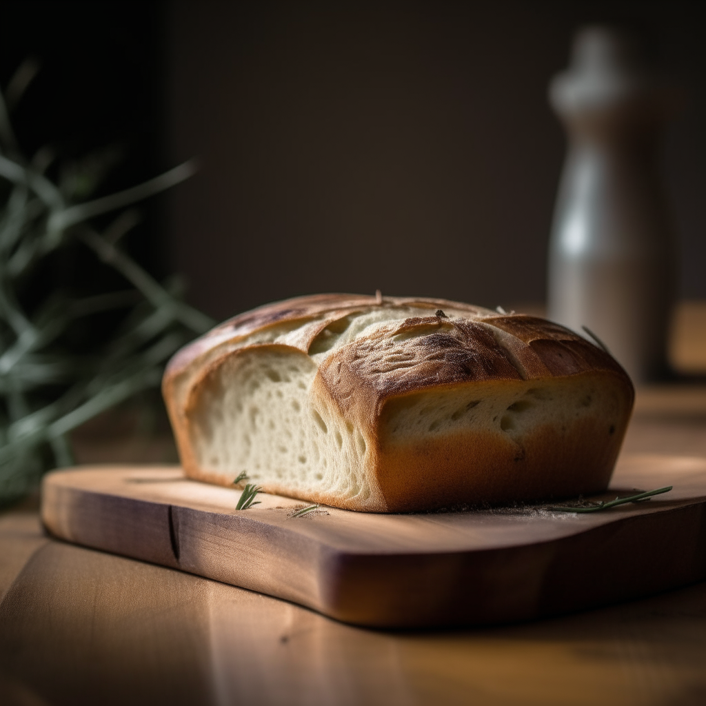 Rosemary sage thyme bread with window lighting from the side, razor sharp focus, on a wood surface