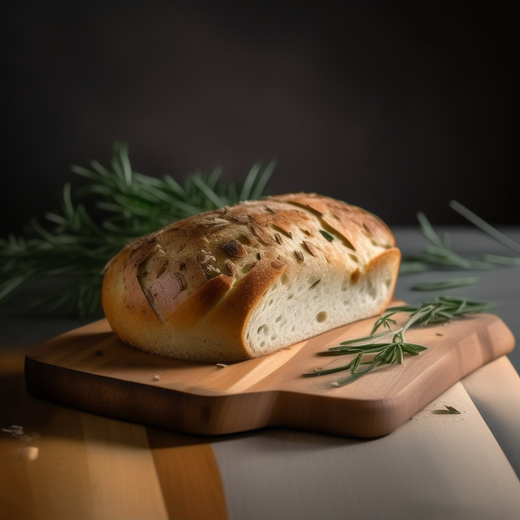 Rosemary sage thyme bread on a cutting board, bright studio lighting from an angle, tack sharp focus