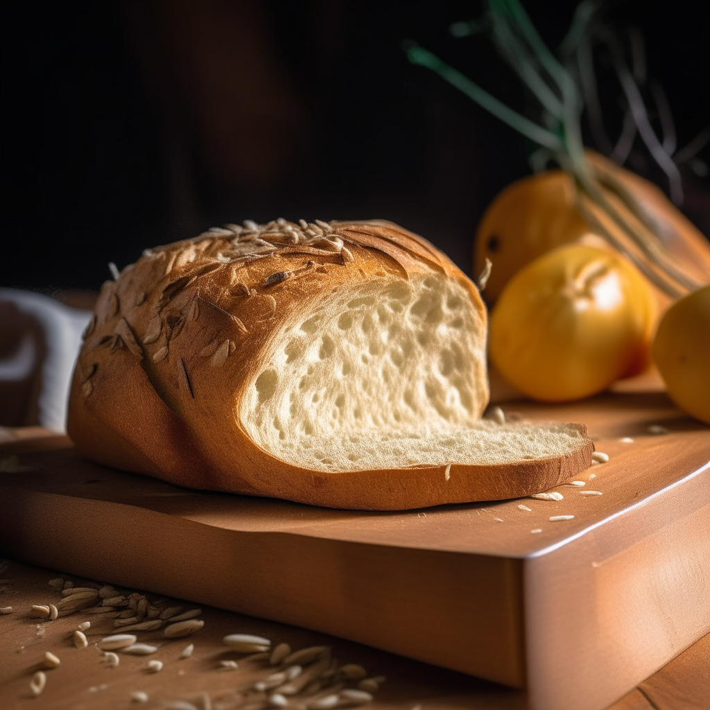 Fennel seed and onion bread on a cutting board, bright studio lighting from an angle, tack sharp focus