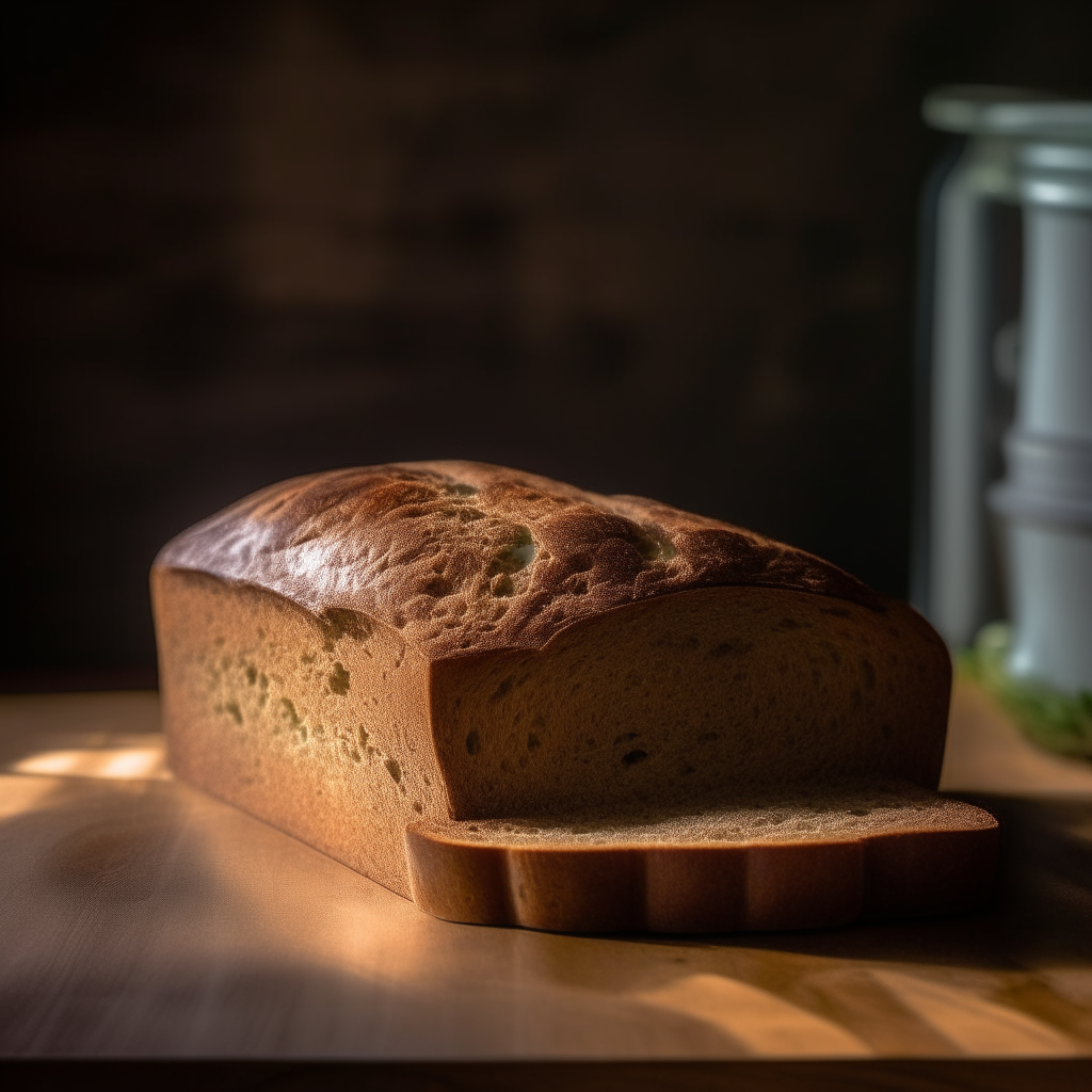 Chai infused gluten free herb bread with window lighting from the side, razor sharp focus, on a wood surface