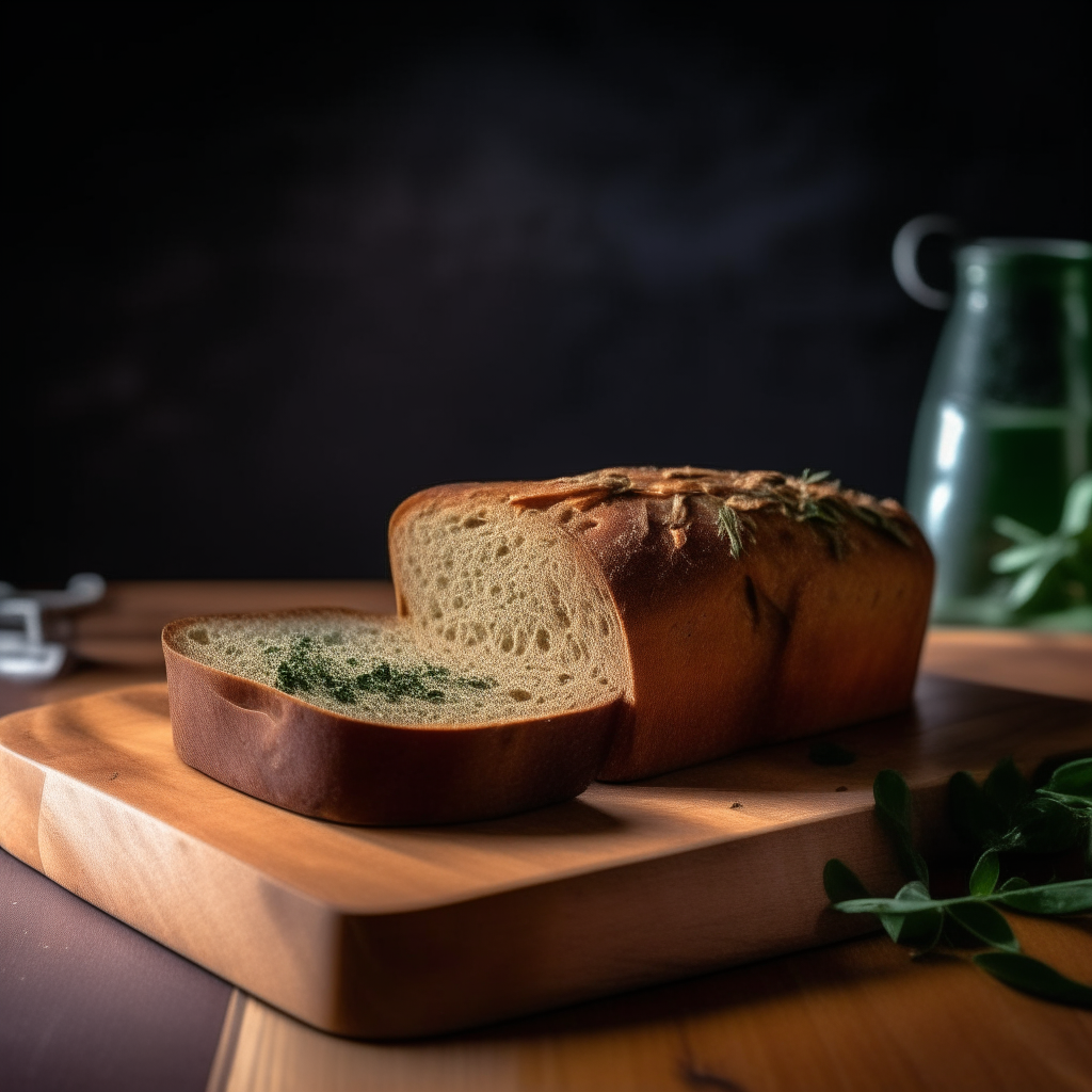 Chai infused gluten free herb bread on a cutting board, bright studio lighting from an angle, tack sharp focus