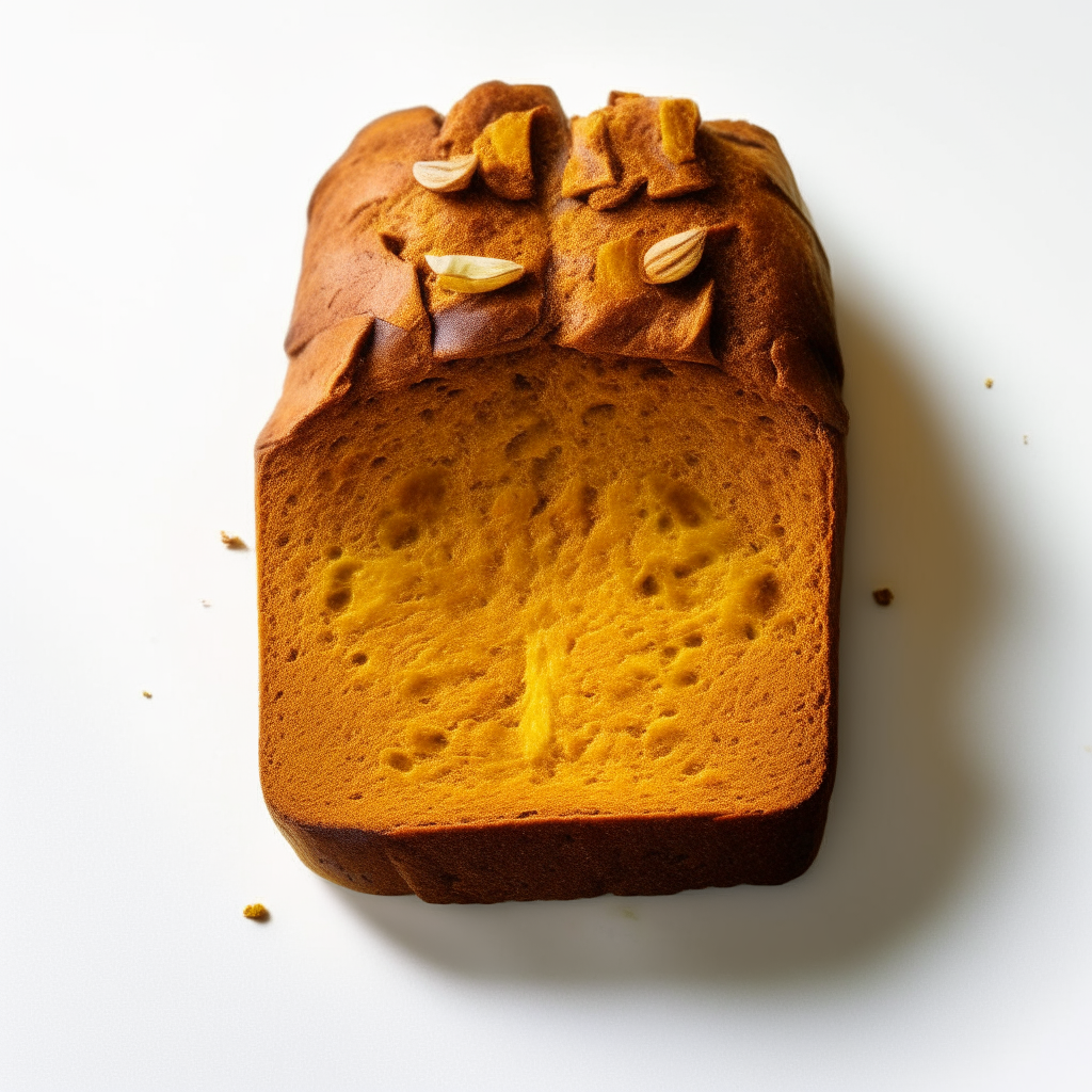 Turmeric and ginger gluten free spice loaf on a white background, extremely sharp focus, overhead studio lighting