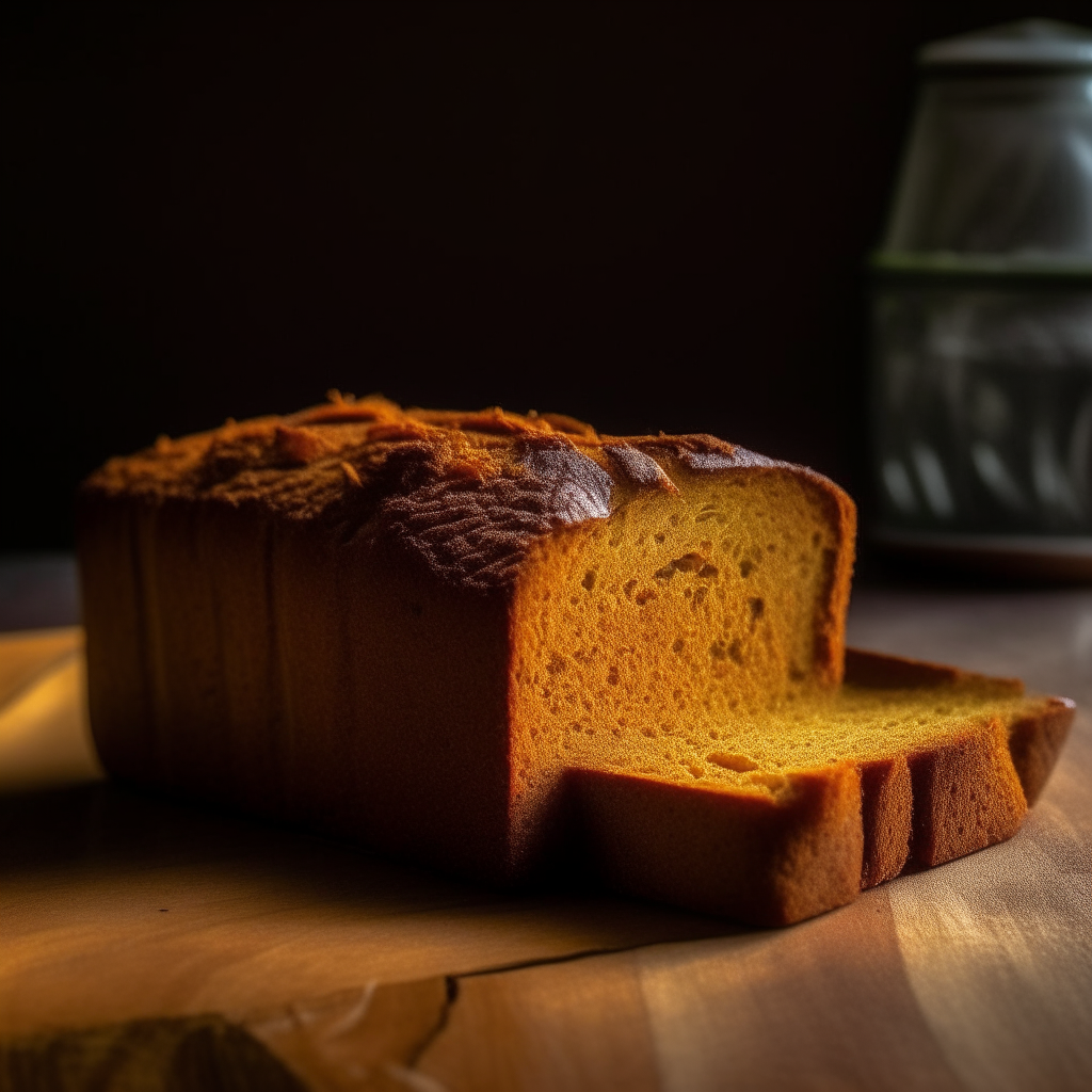 Turmeric and ginger gluten free spice loaf with window lighting from the side, razor sharp focus, on a wood surface