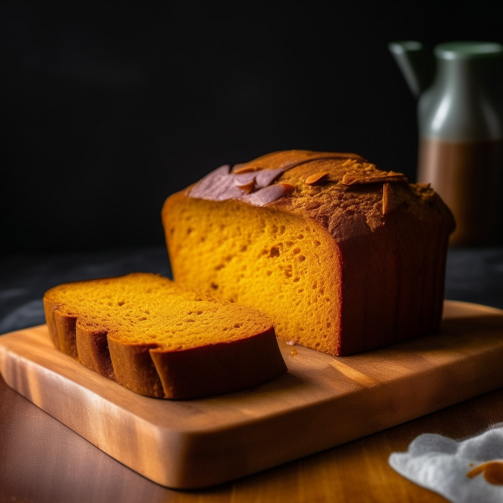 Turmeric and ginger gluten free spice loaf on a cutting board, bright studio lighting from an angle, tack sharp focus