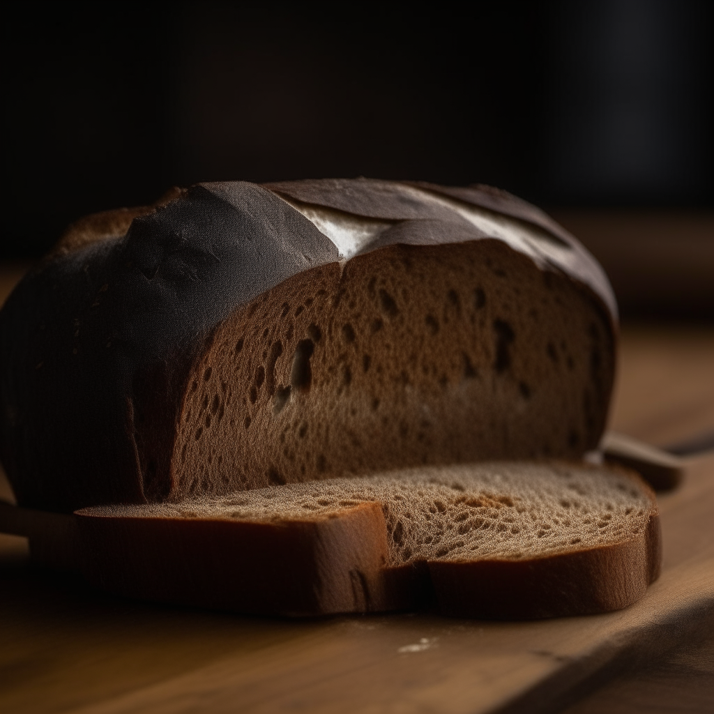 Traditional dark rye bread with window lighting from the side, razor sharp focus, on a wood surface