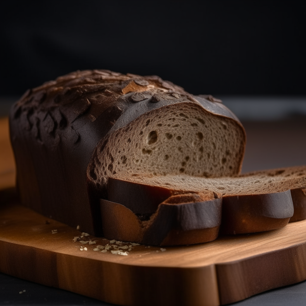 Traditional dark rye bread on a cutting board, bright studio lighting from an angle, tack sharp focus