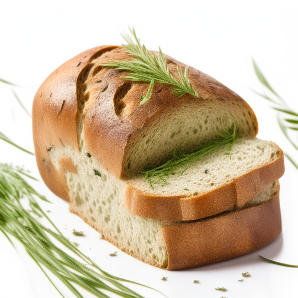 Dill and chive gluten free rye bread on a white background, extremely sharp focus, overhead studio lighting