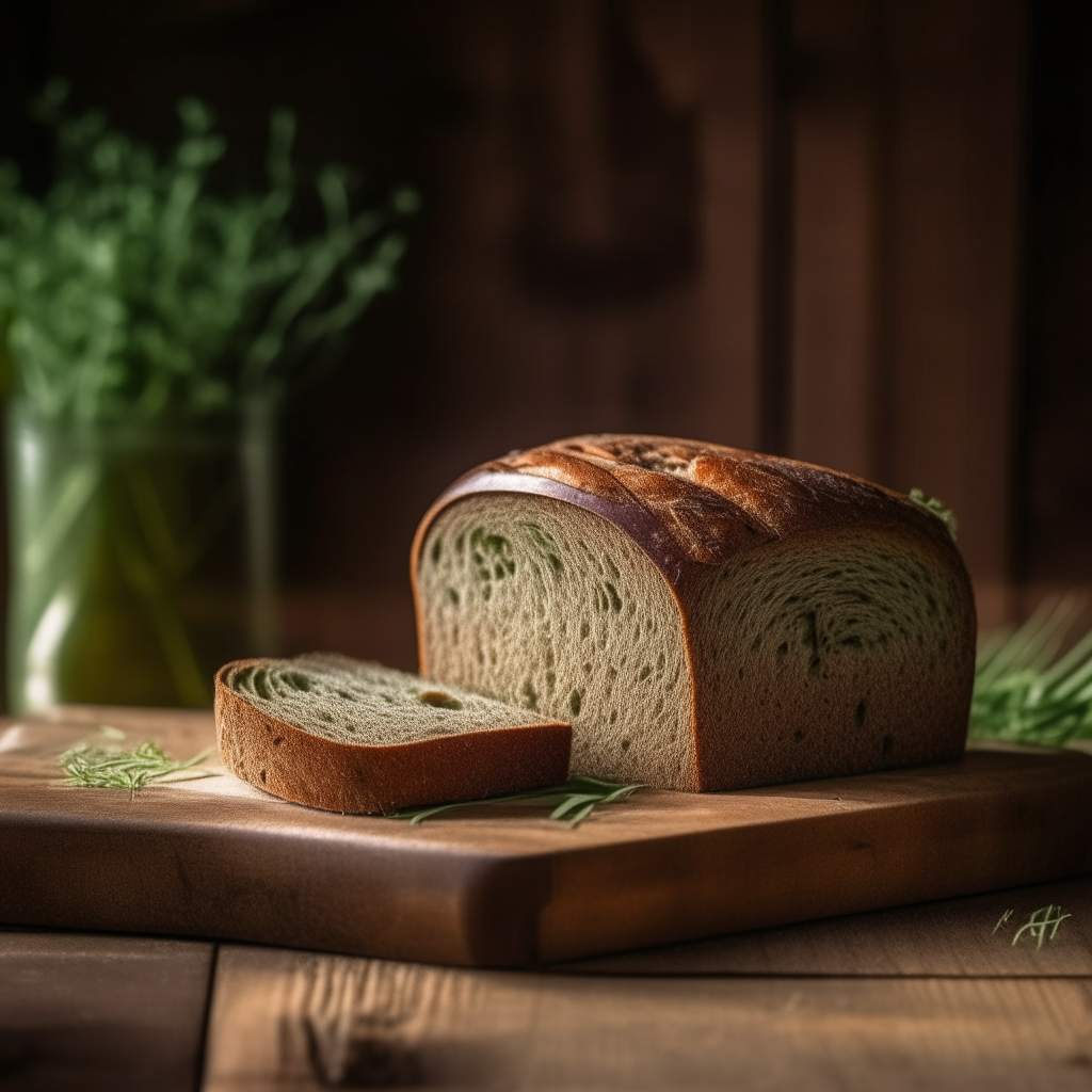 Dill and chive gluten free rye bread with window lighting from the side, razor sharp focus, on a wood surface