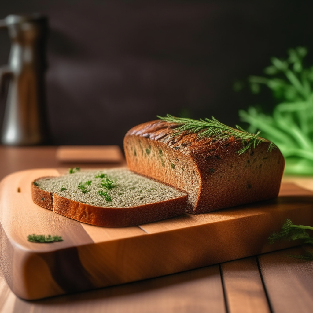 Dill and chive gluten free rye bread on a cutting board, bright studio lighting from an angle, tack sharp focus