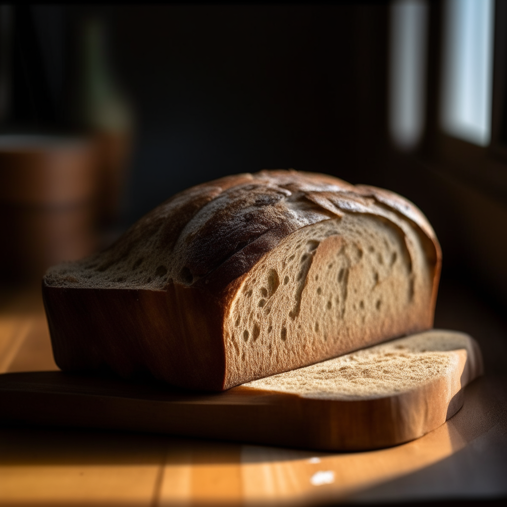 Gluten free rye sourdough bread with window lighting from the side, razor sharp focus, on a wood surface