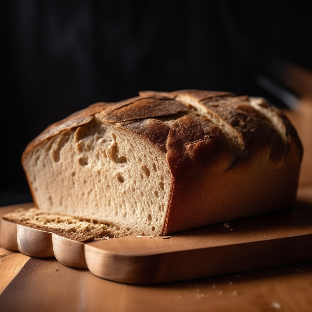 Gluten free rye sourdough bread on a cutting board, bright studio lighting from an angle, tack sharp focus