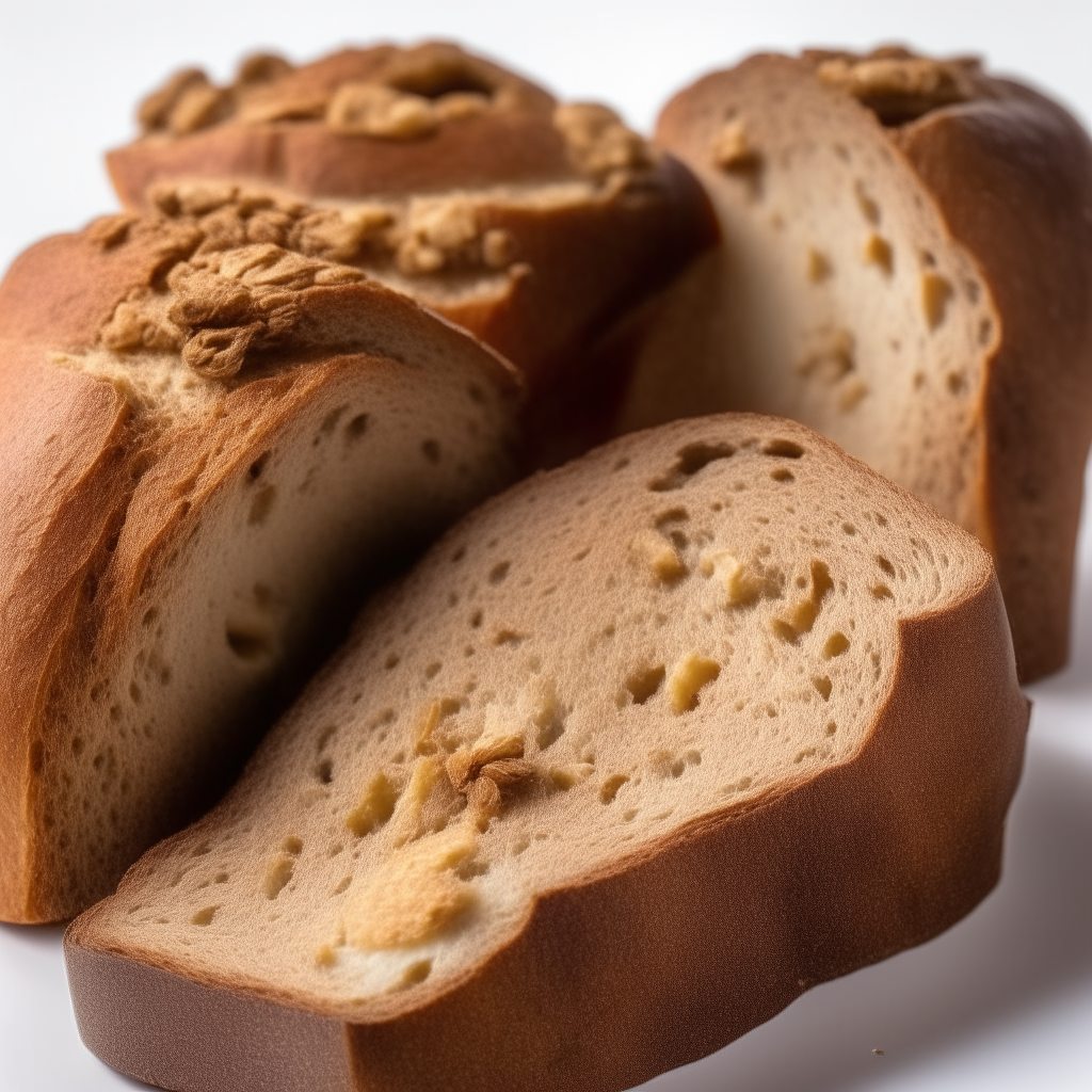 Gluten free rye and walnut bread on a white background, extremely sharp focus, overhead studio lighting