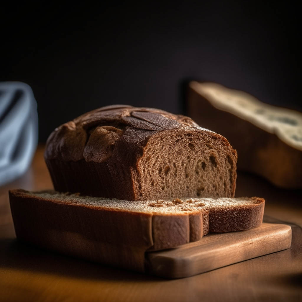 Gluten free rye and walnut bread with window lighting from the side, razor sharp focus, on a wood surface