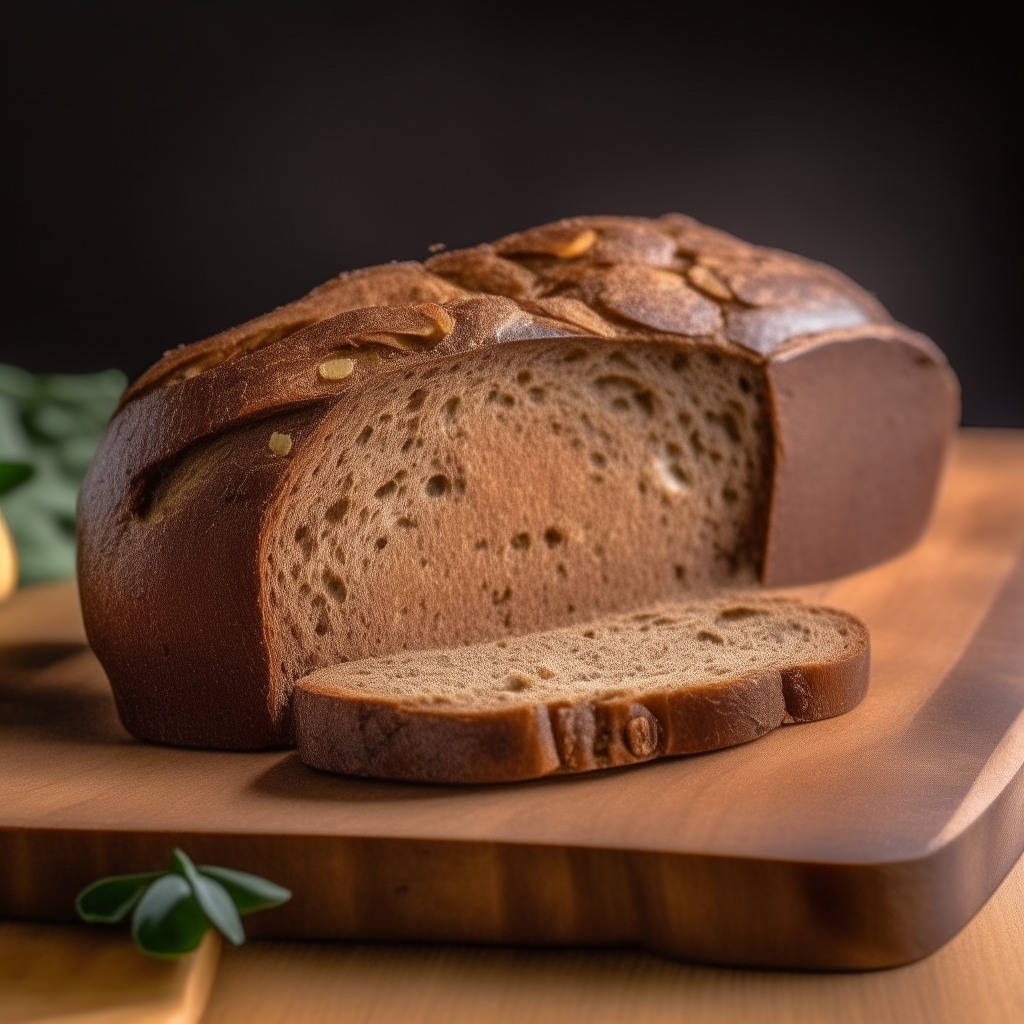 Gluten free rye and walnut bread on a cutting board, bright studio lighting from an angle, tack sharp focus