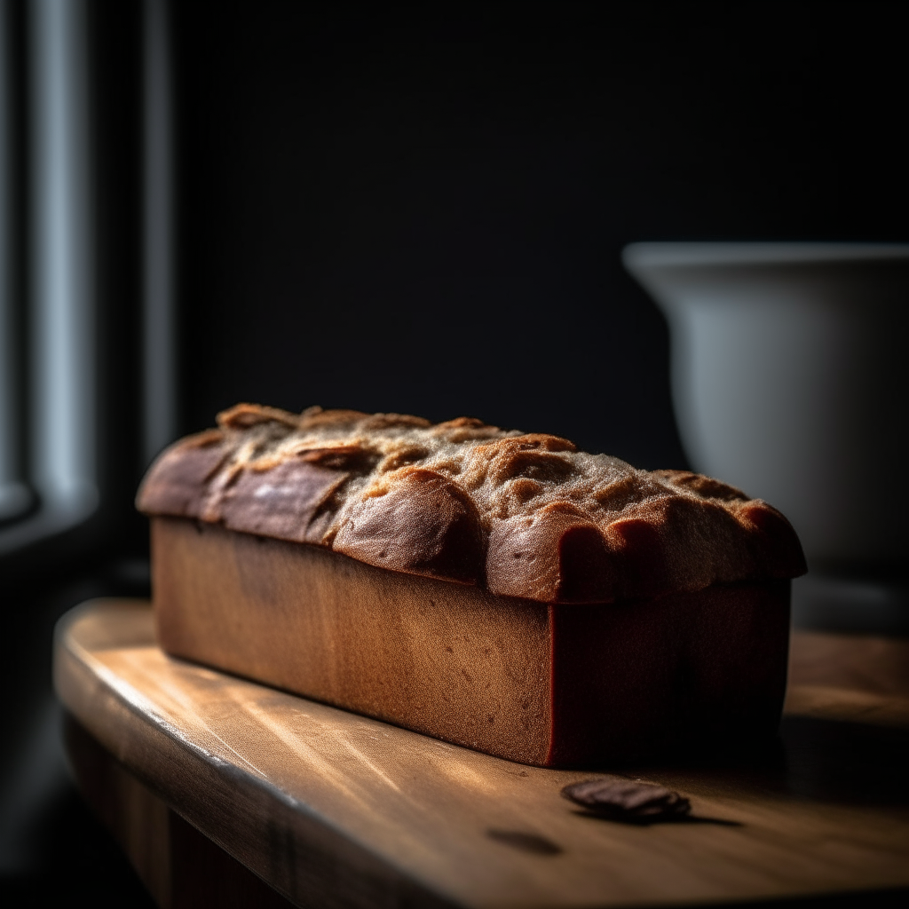 Banana walnut bread with window lighting from the side, razor sharp focus, on a wood surface