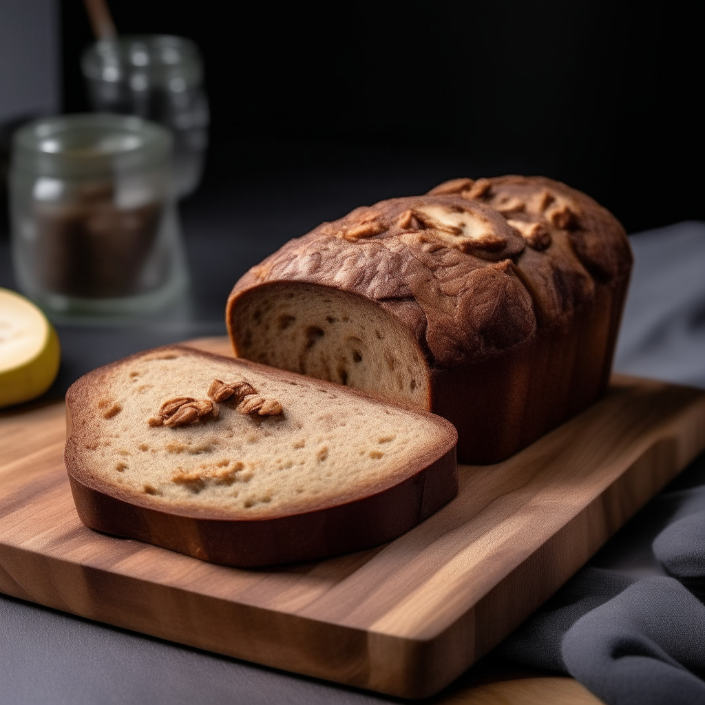 Banana walnut bread on a cutting board, bright studio lighting from an angle, tack sharp focus