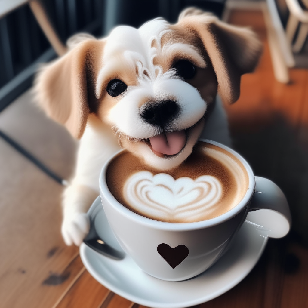 a happy puppy drinking a latte with heart-shaped foam art