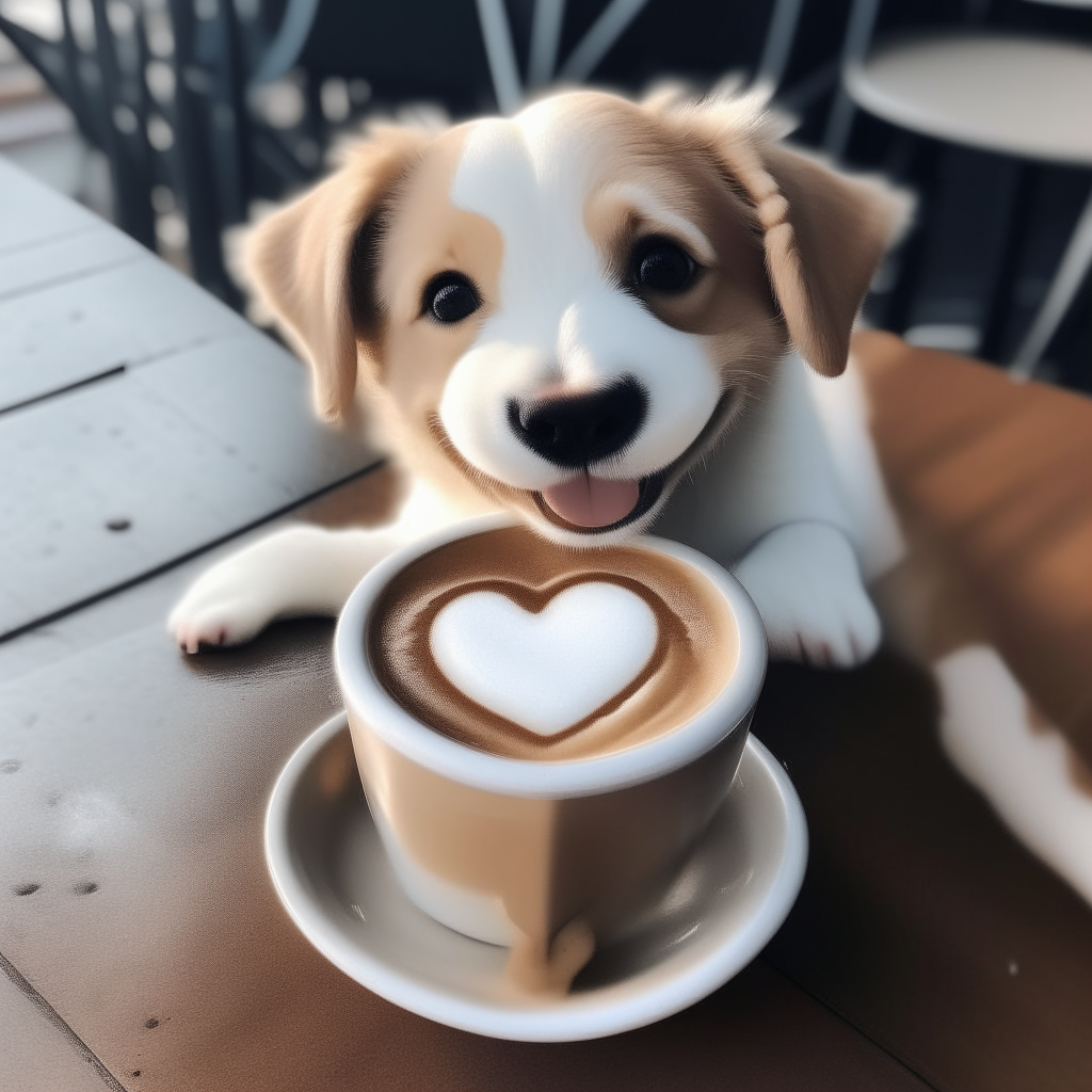 a happy puppy drinking a latte with heart-shaped foam art