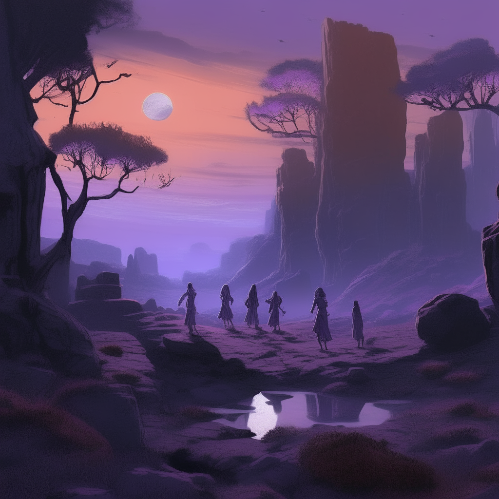 dryads and ghosts walking through rocky landscape lit by purple sunset