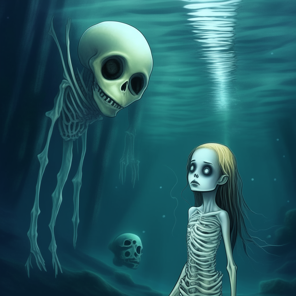 sea nymph underwater with enormous eyes, and skeletal ghost in the distance