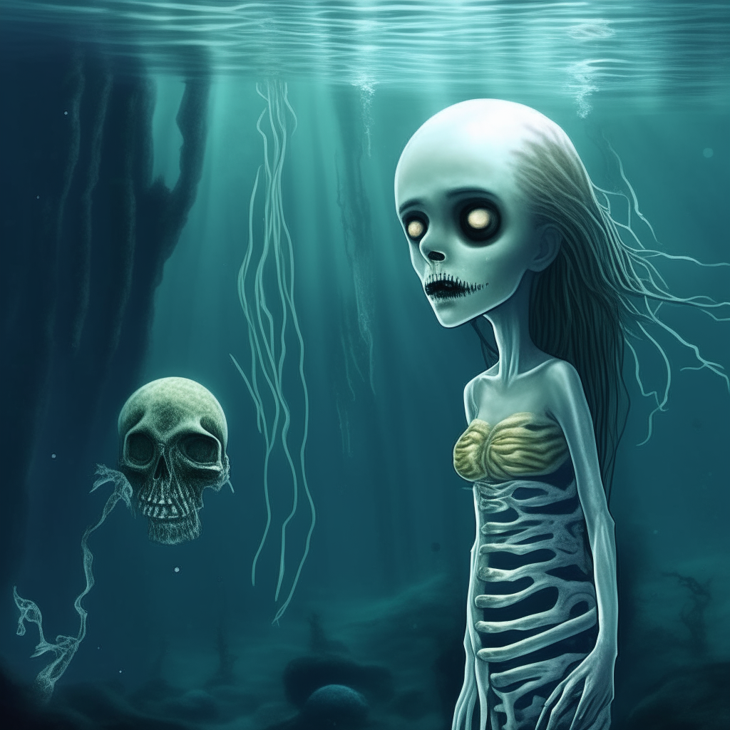 sea nymph underwater with enormous eyes, and skeletal ghost in the distance