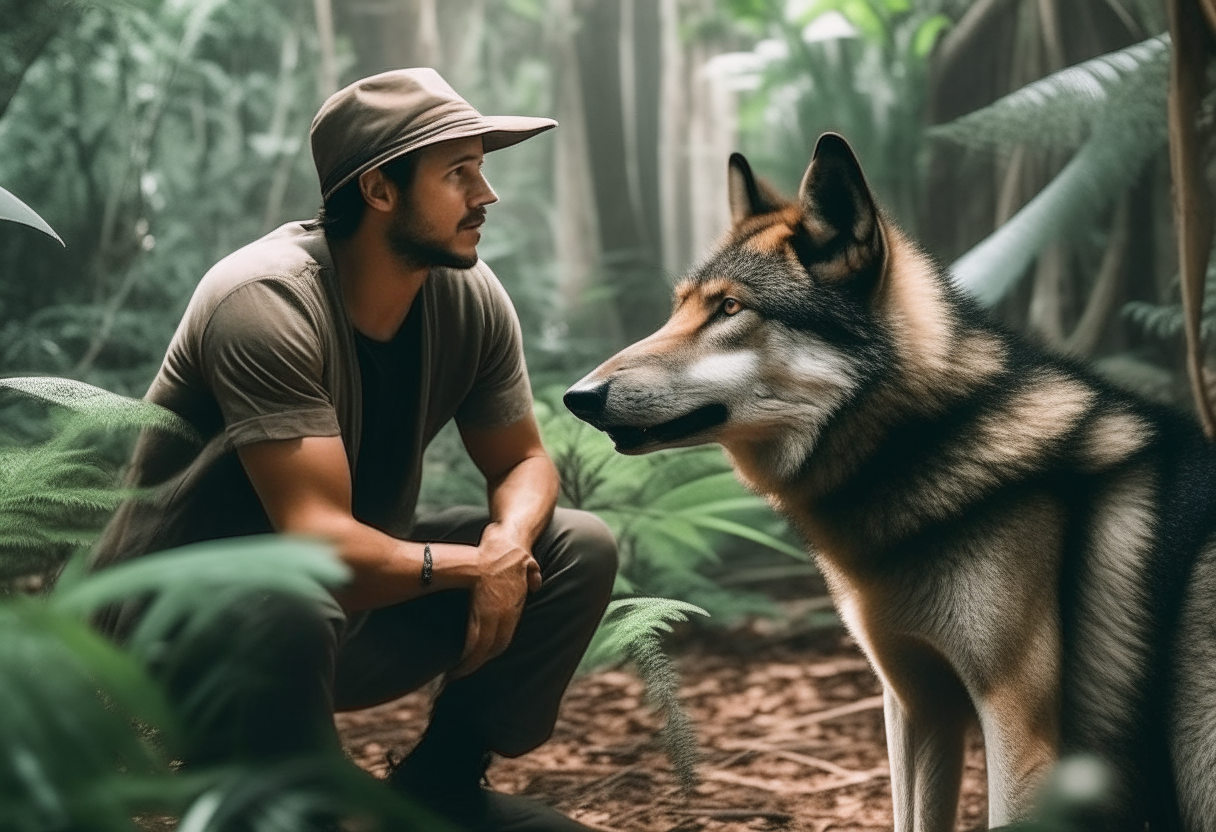 A man talking with a wolf in  jungle  