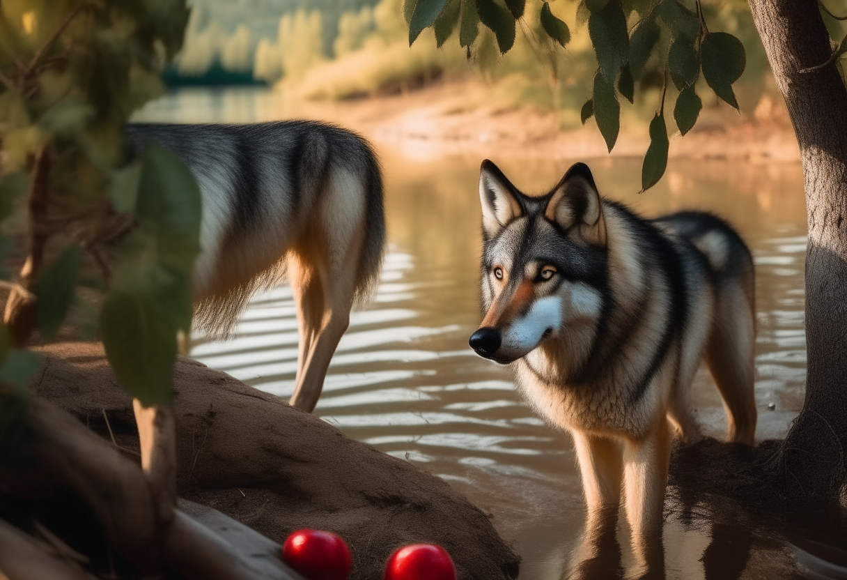 A sick wolf beside the river with fish next to an apple tree 