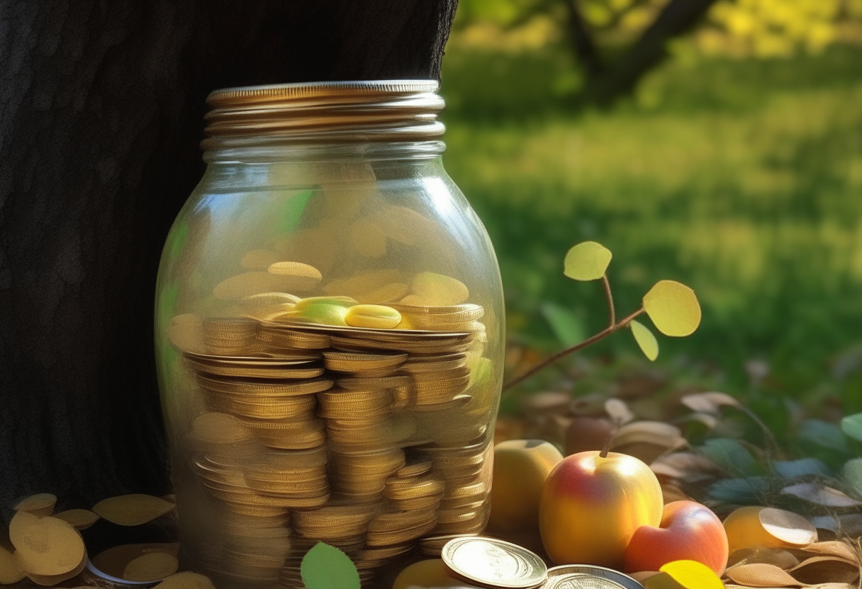 A jar full pf coin and  golden under the apple tree 
