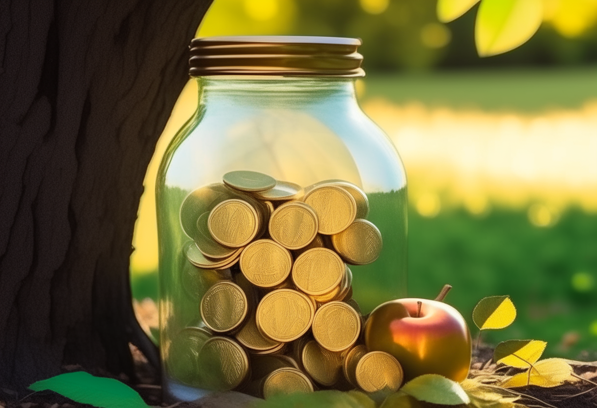 A jar full of  money coin and  golden under the apple tree 