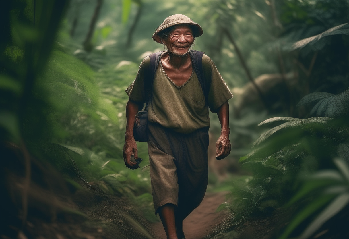  A poor man walking happily in the jungle 