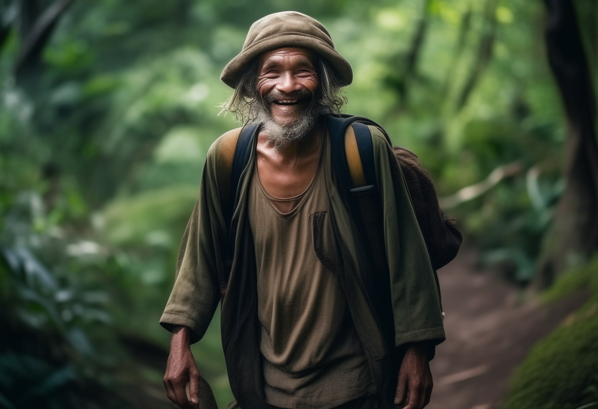  A poor  homeless man walking happily in the jungle 
