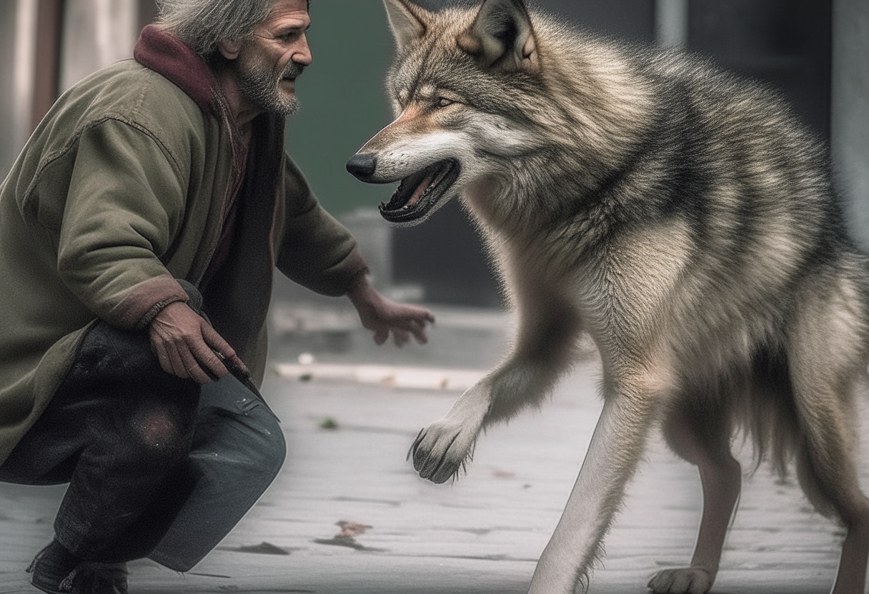  The wolf attacking the poor homeless man 