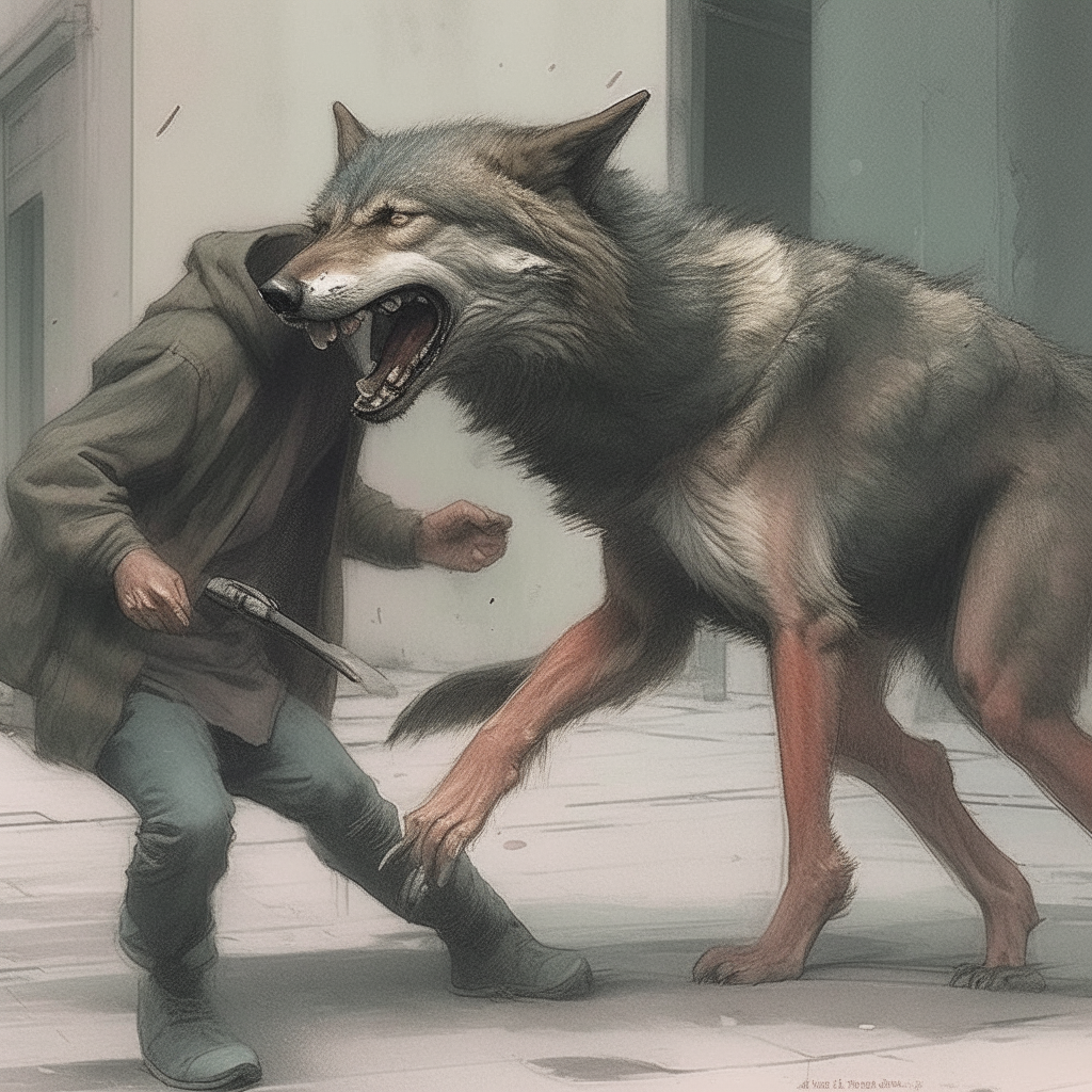 The wolf attacking the poor homeless man 