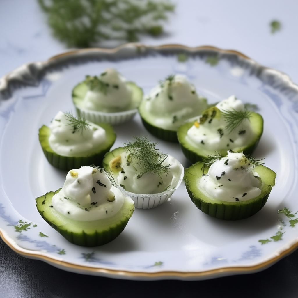 Mediterranean cucumber cups filled with feta cheese, dill, and olive oil, arranged beautifully on a white plate, food photography