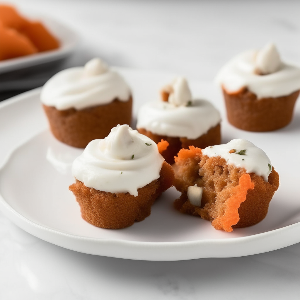 Spiced carrot cake bites with cream cheese frosting on a white plate, food photography