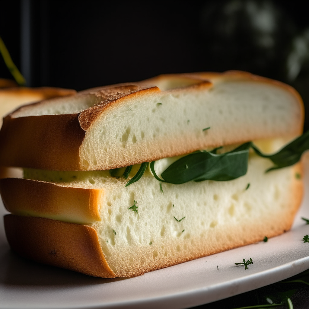 Italian herb and cheese sandwich bread on a white plate, sharply in focus under bright studio lighting. The bread is sliced to reveal the interior which has melted mozzarella cheese integrated into the soft bread rather than just on the crust. The lighting creates high contrast to show the texture.