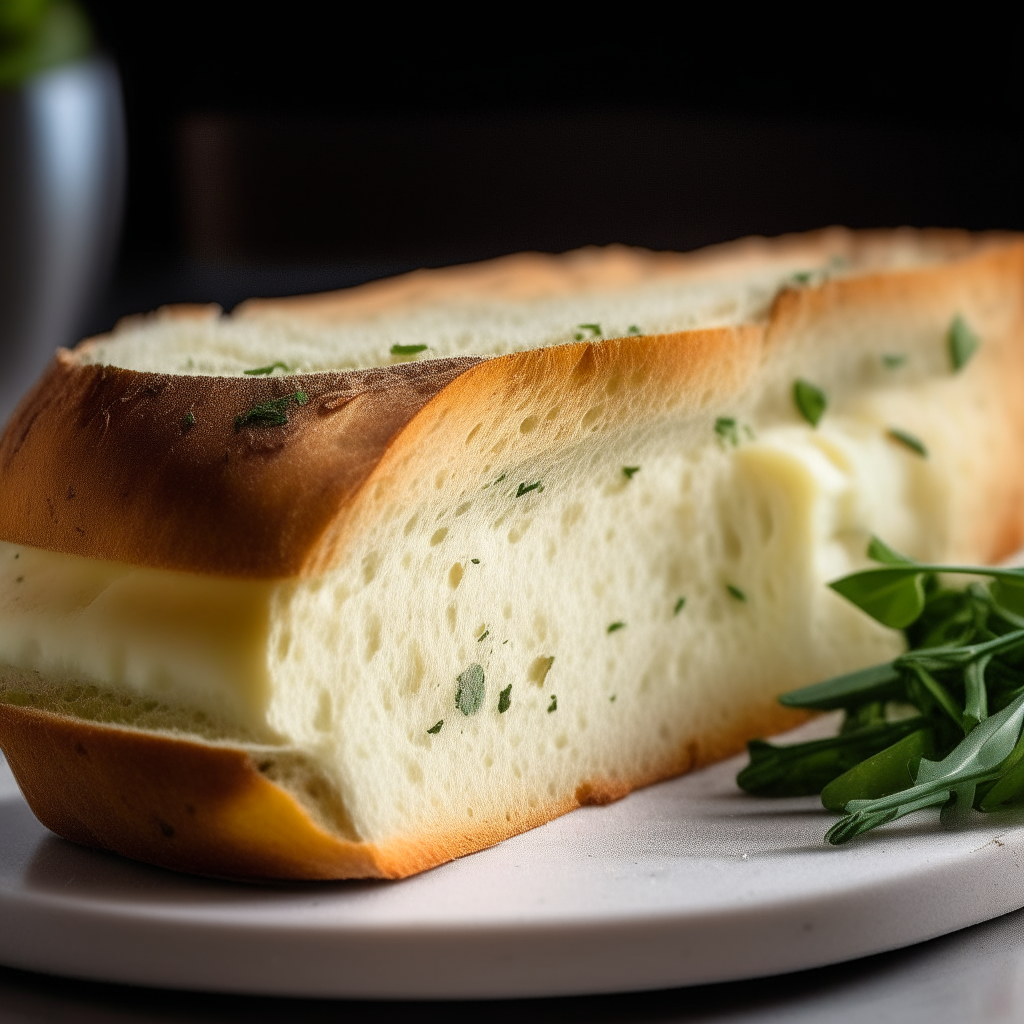 Italian herb and cheese sandwich bread on a white plate, sharply in focus under bright studio lighting. The bread is sliced to reveal the interior which has melted mozzarella cheese integrated into the soft bread rather than just on the crust. The lighting creates high contrast to show the texture.