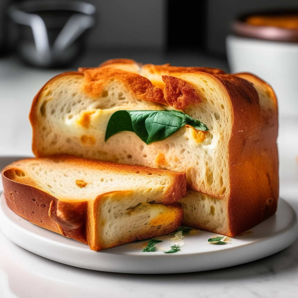 Sun-dried tomato and basil sandwich bread on a white plate, sharply in focus under bright studio lighting. The bread is sliced to reveal the interior which has melted cheese integrated into the soft bread rather than just on the crust. The lighting creates high contrast to show the texture.