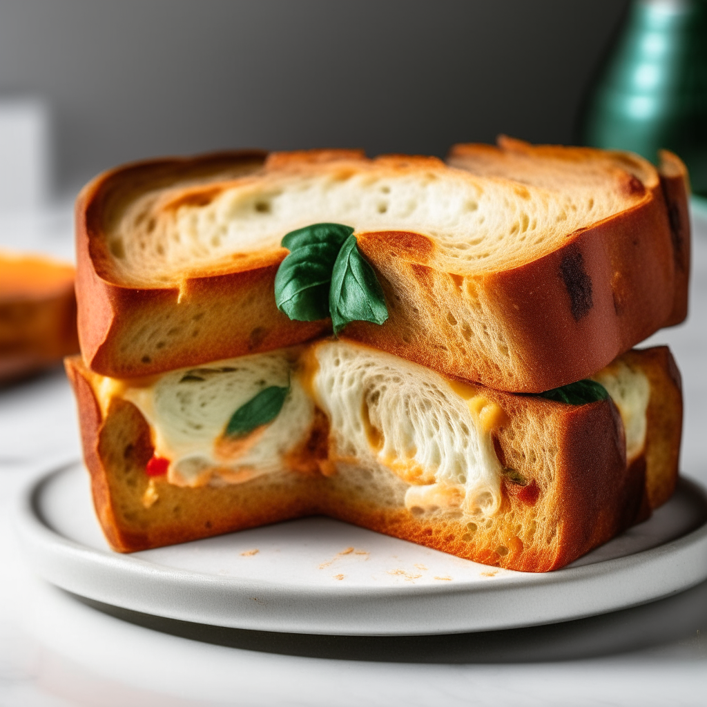 Sun-dried tomato and basil sandwich bread on a white plate, sharply in focus under bright studio lighting. The bread is sliced to reveal the interior which has melted cheese integrated into the soft bread rather than just on the crust. The lighting creates high contrast to show the texture.